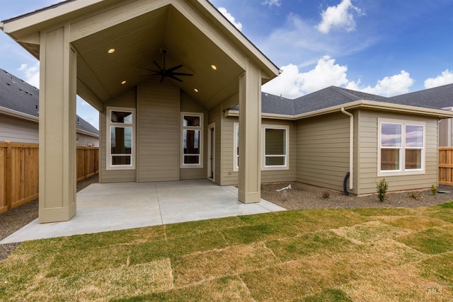 1149 E Crescendo St, Meridian, ID 83642 - rear view of property with ceiling fan, a fenced backyard, a shingled roof, and a patio