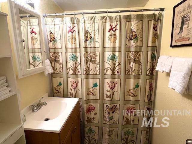 bathroom with vanity and curtained shower