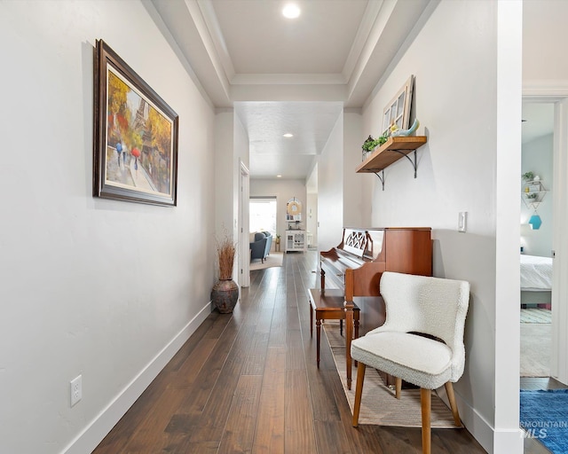 hall with recessed lighting, baseboards, and dark wood-style flooring