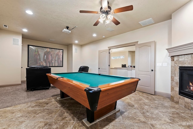 4315 N Nuova Ave, Meridian, ID 83646 - game room featuring a fireplace, recessed lighting, pool table, visible vents, and a textured ceiling