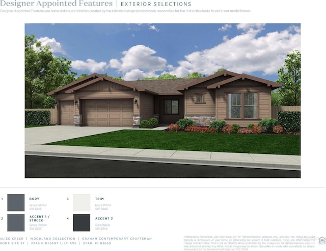 view of front facade featuring stone siding, fence, an attached garage, concrete driveway, and a front lawn