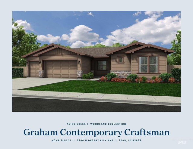 view of front of home with stone siding, concrete driveway, fence, an attached garage, and a front lawn