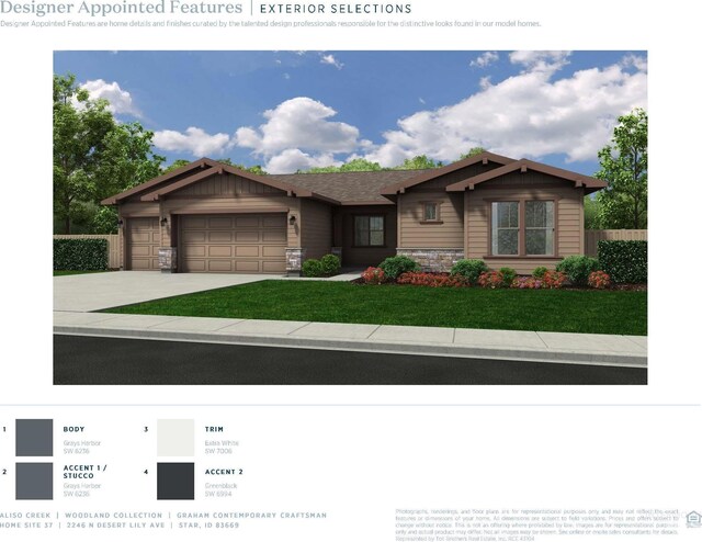 view of front facade featuring fence, stone siding, driveway, a front lawn, and a garage