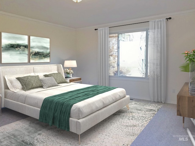 carpeted bedroom with crown molding