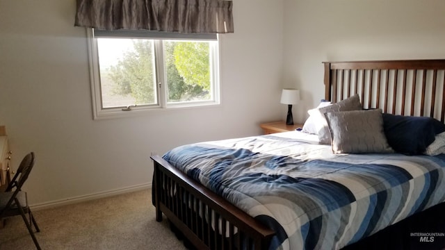 bedroom with light colored carpet