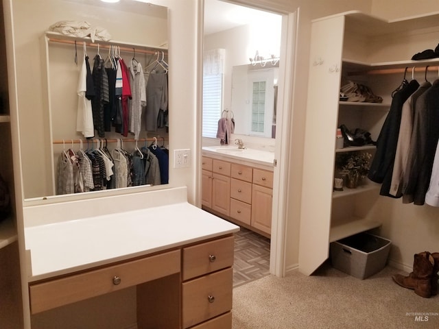 interior space with sink and light colored carpet