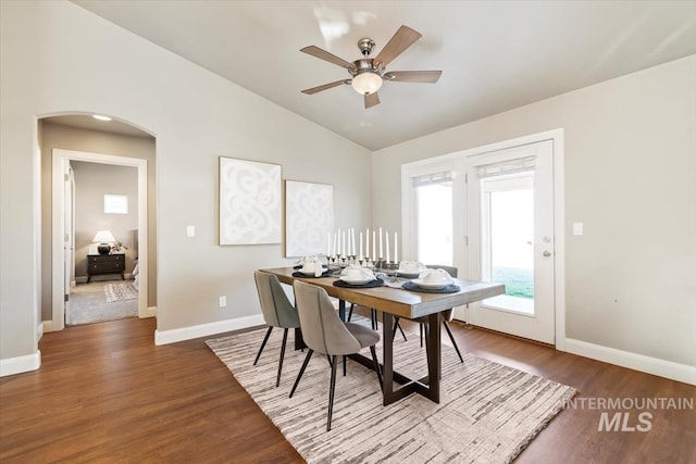 dining room with lofted ceiling, hardwood / wood-style floors, and ceiling fan