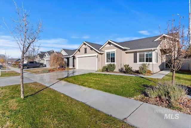 ranch-style house with a front yard and a garage