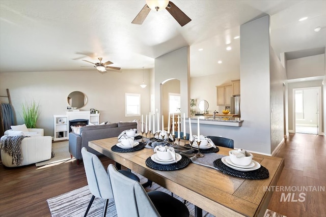 dining space with ceiling fan, dark hardwood / wood-style floors, and vaulted ceiling