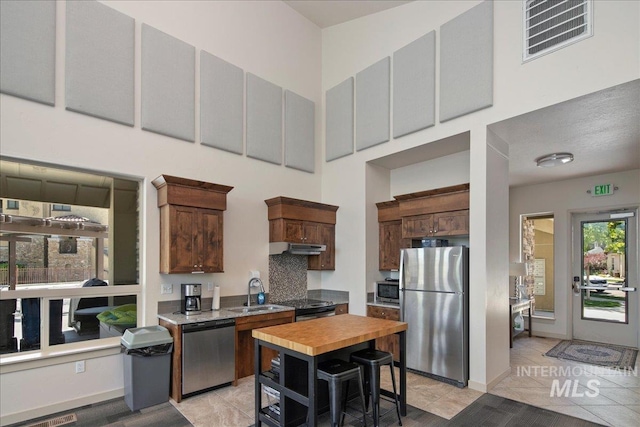 3602 N Prospect Way, Garden City, ID 83714 - kitchen with appliances with stainless steel finishes, a sink, a high ceiling, under cabinet range hood, and butcher block countertops