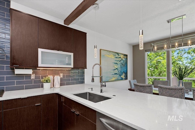 3602 N Prospect Way, Garden City, ID 83714 - kitchen featuring a sink, tasteful backsplash, dark brown cabinets, pendant lighting, and beamed ceiling