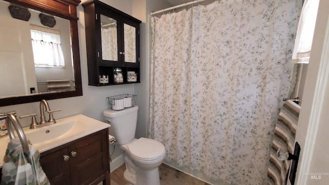 bathroom featuring curtained shower, toilet, and vanity