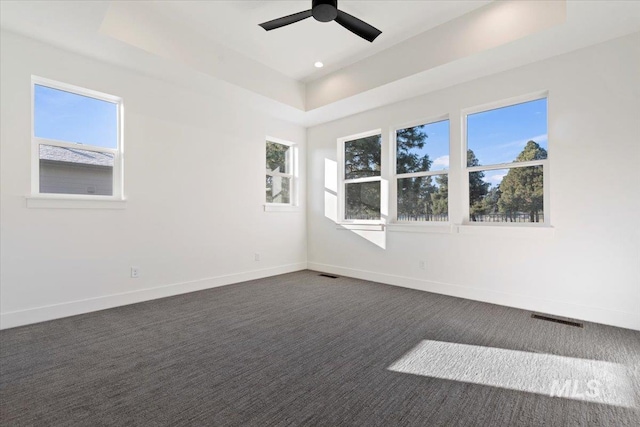 carpeted spare room featuring ceiling fan and a raised ceiling