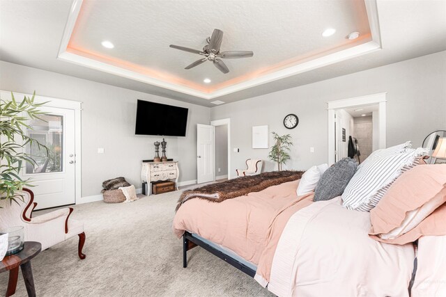 1670 Mary Hill Ave, Middleton, ID 83644 - bedroom featuring a tray ceiling, recessed lighting, carpet floors, ceiling fan, and baseboards