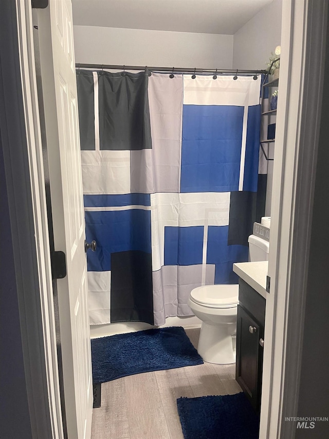 bathroom with walk in shower, wood-type flooring, toilet, vanity, and tile walls