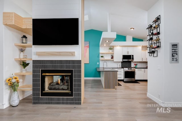 8079 W Beckton Ln, Garden City, ID 83714 - living room with vaulted ceiling, light wood-style floors, a multi sided fireplace, and baseboards