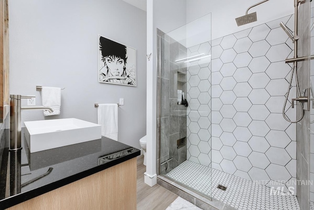 8079 W Beckton Ln, Garden City, ID 83714 - bathroom with toilet, vanity, a shower stall, and wood finished floors