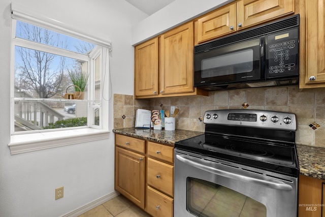 kitchen with light tile patterned floors, electric range, black microwave, and decorative backsplash