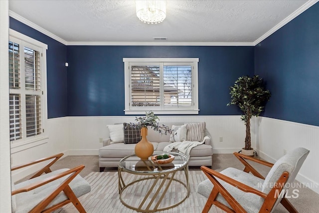 living area featuring carpet, wainscoting, and a textured ceiling