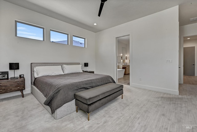 2313 S Aburge Ave, Meridian, ID 83642 - bedroom with baseboards, recessed lighting, connected bathroom, light colored carpet, and ceiling fan