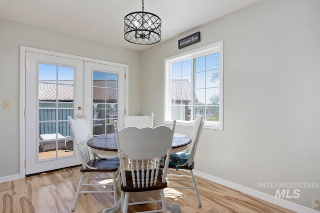 dining area featuring baseboards, a healthy amount of sunlight, french doors, and wood finished floors