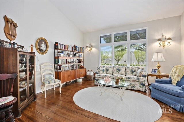 living area featuring wood finished floors and high vaulted ceiling