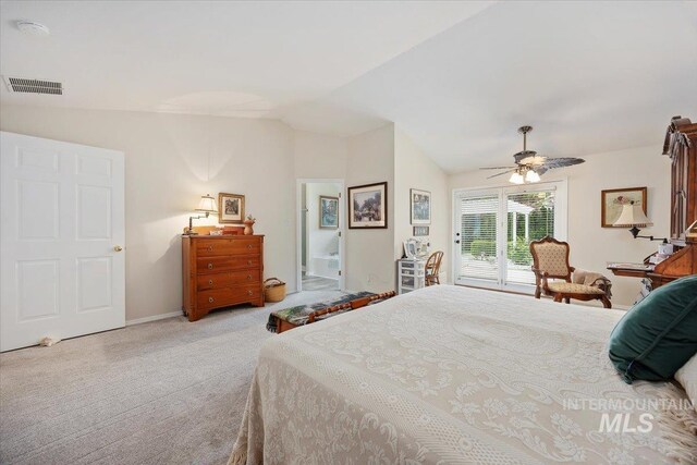 carpeted bedroom with lofted ceiling, access to exterior, baseboards, ceiling fan, and connected bathroom