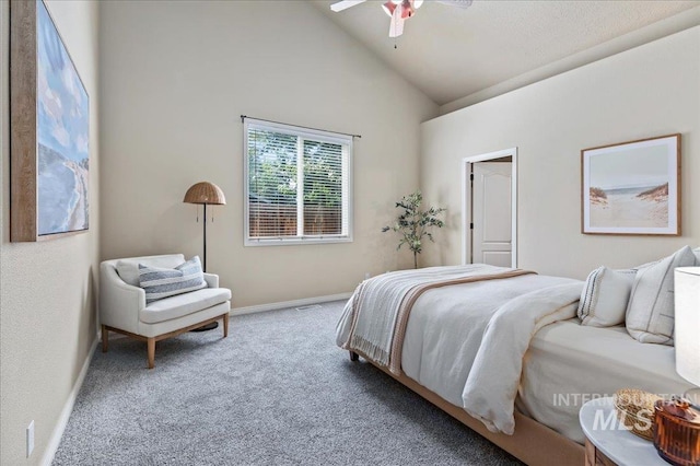 bedroom featuring ceiling fan, light colored carpet, and high vaulted ceiling