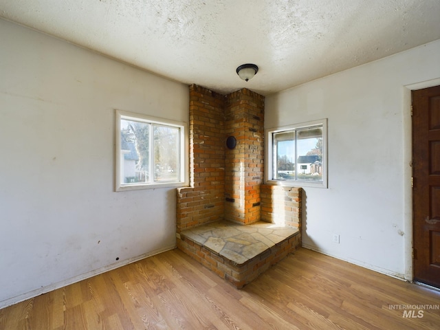 unfurnished room with plenty of natural light, a textured ceiling, and light wood-type flooring