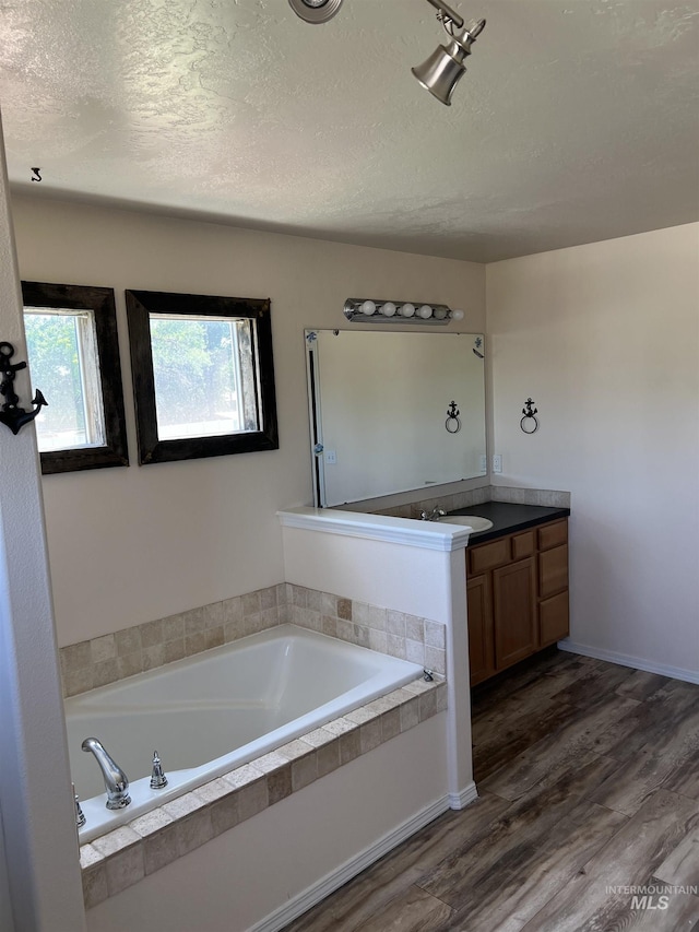 2059 Spring Creek Dr, Fruitland, ID 83619 - bathroom with vanity, a garden tub, wood finished floors, and a textured ceiling