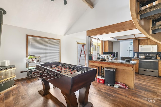 game room with beamed ceiling, high vaulted ceiling, and dark wood-style floors