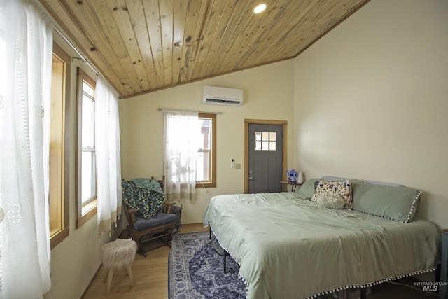 bedroom with a wall unit AC, light wood finished floors, wood ceiling, and vaulted ceiling