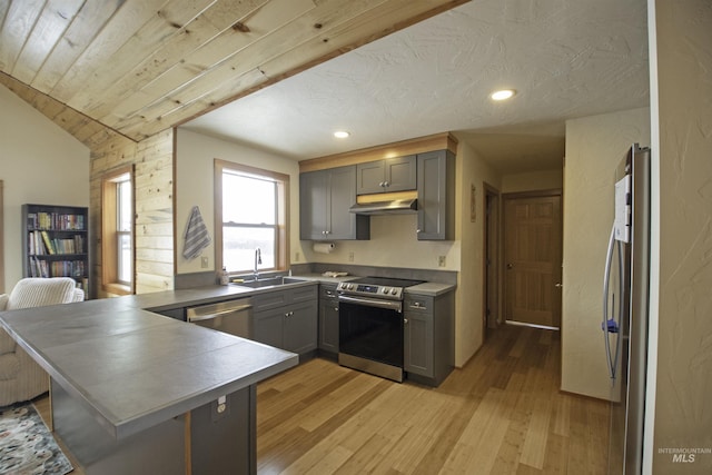 kitchen featuring stainless steel appliances, gray cabinets, a sink, a peninsula, and under cabinet range hood