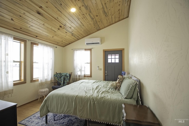 bedroom featuring a textured wall, wood finished floors, wood ceiling, vaulted ceiling, and an AC wall unit