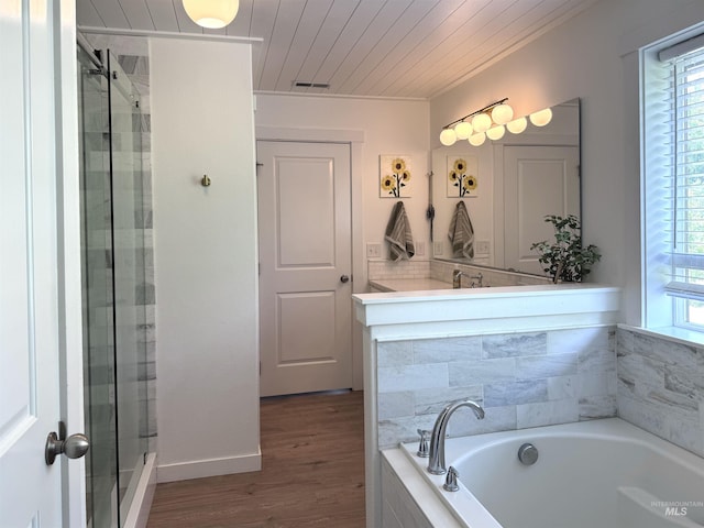 4446 S Carina Way, Meridian, ID 83642 - full bathroom with a shower stall, a bath, wooden ceiling, and wood finished floors