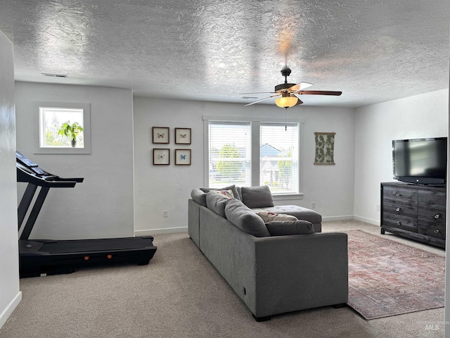 4446 S Carina Way, Meridian, ID 83642 - carpeted living area with a ceiling fan, baseboards, and a textured ceiling
