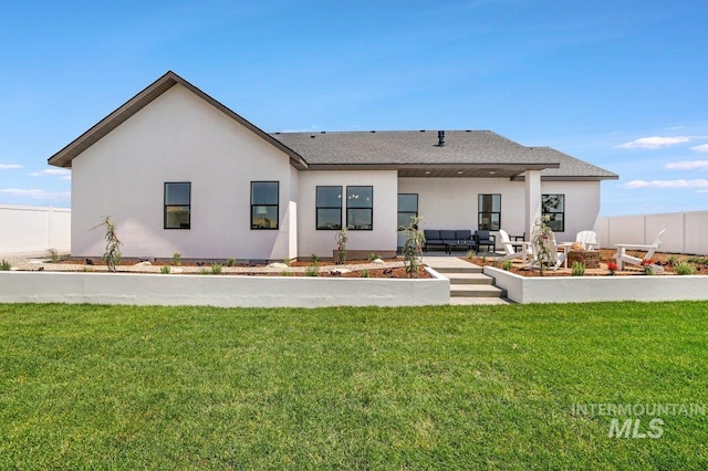 968 Gregory Way, Twin Falls, ID 83301 - rear view of house with an outdoor living space with a fire pit, a patio, stucco siding, and a shingled roof