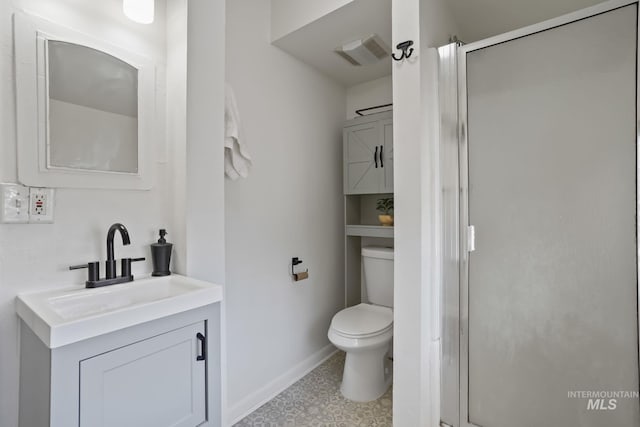 full bath with a stall shower, baseboards, visible vents, toilet, and vanity