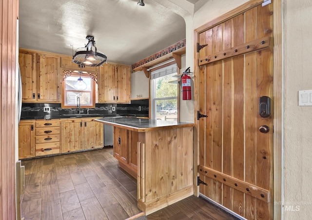 1219 N Indiana, Caldwell, ID 83605 - kitchen with dark wood-style flooring, dark countertops, a sink, a peninsula, and tasteful backsplash