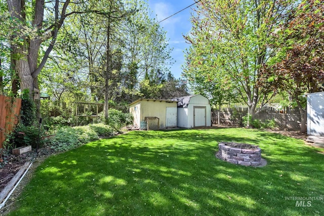 1219 N Indiana, Caldwell, ID 83605 - view of yard featuring an outbuilding, a storage unit, a fenced backyard, and an outdoor fire pit