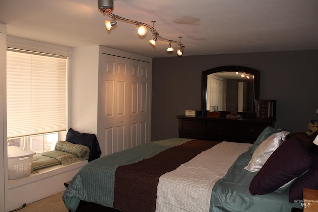 bedroom with a closet, carpet, and rail lighting