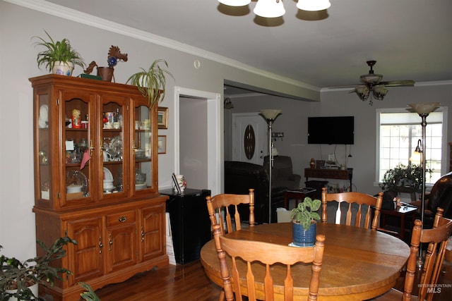 dining space featuring ornamental molding, ceiling fan, and hardwood / wood-style floors