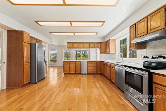 975 W Meander Ct, Eagle, ID 83616 - kitchen with appliances with stainless steel finishes, a peninsula, brown cabinetry, and under cabinet range hood