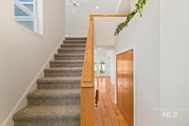 975 W Meander Ct, Eagle, ID 83616 - stairway with wood finished floors, a ceiling fan, recessed lighting, and baseboards
