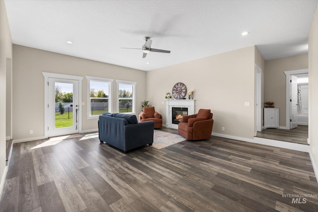 12384 S Abbott Downing Way, Nampa, ID 83686 - living area featuring a ceiling fan, a glass covered fireplace, dark wood-type flooring, baseboards, and recessed lighting