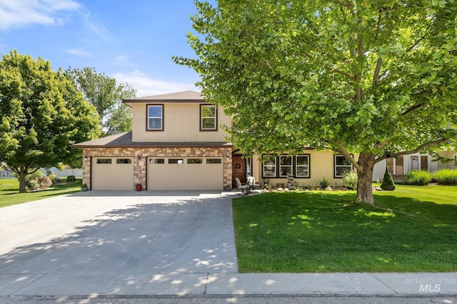 12384 S Abbott Downing Way, Nampa, ID 83686 - view of front facade featuring stucco siding, concrete driveway, a front lawn, and an attached garage