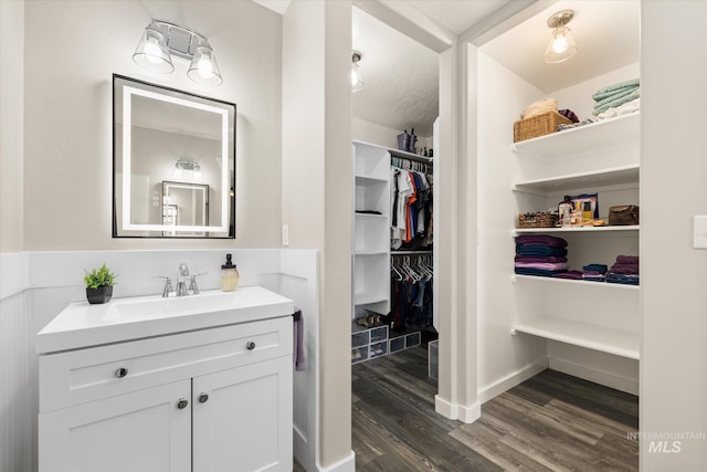 12384 S Abbott Downing Way, Nampa, ID 83686 - bathroom with vanity, wood finished floors, a spacious closet, and baseboards
