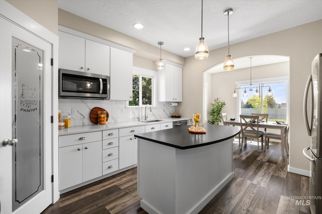 12384 S Abbott Downing Way, Nampa, ID 83686 - kitchen with appliances with stainless steel finishes, a sink, dark wood finished floors, tasteful backsplash, and white cabinetry