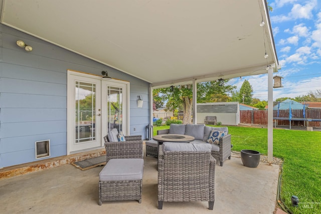 1125 Grelle Ave, Lewiston, ID 83501 - view of patio with french doors, outdoor lounge area, and a trampoline