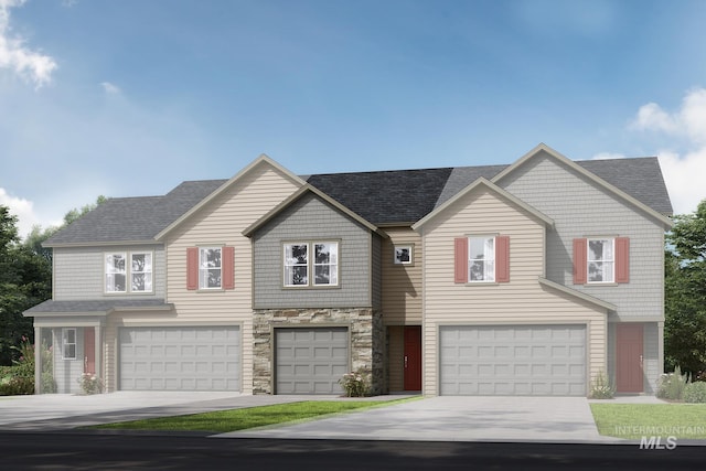 1757 N Solterra Ln, Meridian, ID 83646 - view of front of house featuring a garage, stone siding, a shingled roof, and concrete driveway